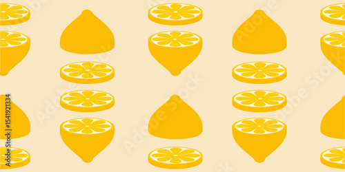 Vector seamless pattern of yellow lemon slices on soft beige background. Bright citrus design in flat style. Ideal for summer textiles, packaging, wrapping paper, and fresh food themes.