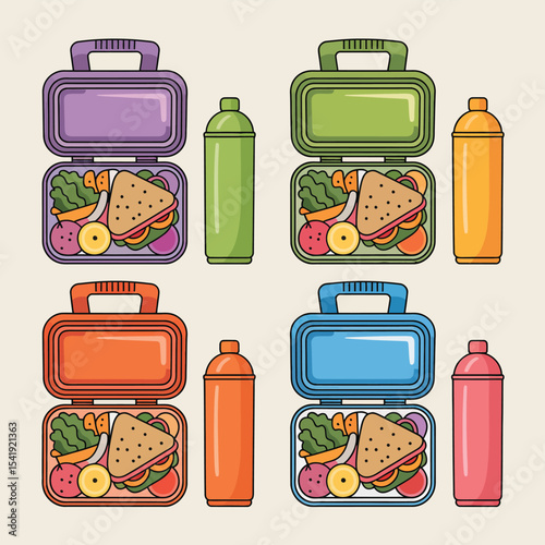 Colorful lunch boxes with sandwiches and drinks