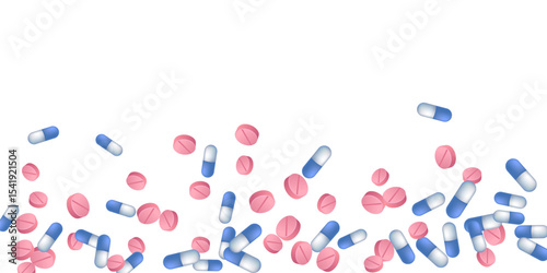 Pharmacy pills medical vector illustration. Capsule drugs and tablets isolated elements. Blue white and pink  capsules, first aid treatment or vitamins. Antibiotic tablets concept.