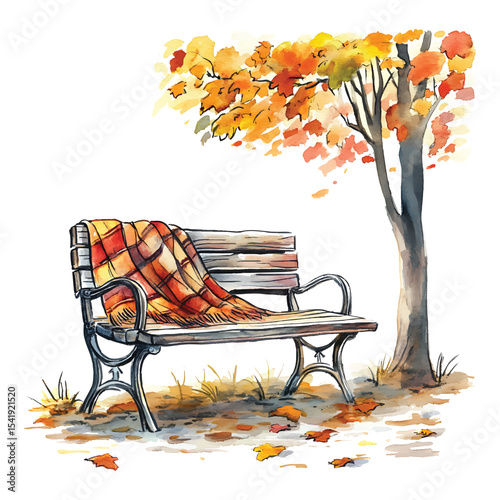 Watercolor bench with blanket and autumn tree on transparent background png vector