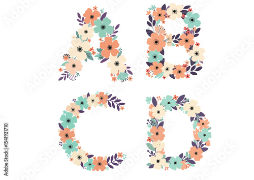 Floral letter A, B, C, D decoration with colorful flowers and leaves on white background