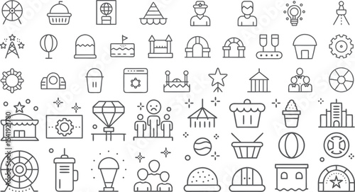 Fun Fair and Amusement Park Icon Collection with Various Attractions and Symbols