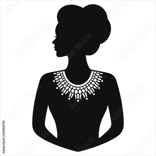 ( Bib Necklace)Elegant Woman Vector Silhouette with Ornate Necklace/A sophisticated profile silhouette of a woman, showcasing a beautiful, ornate necklace.