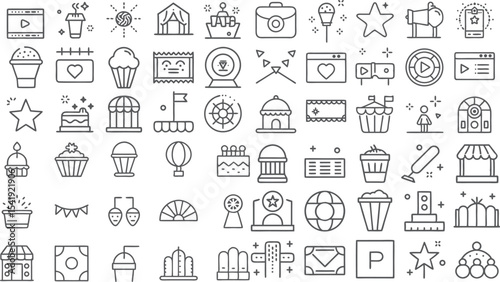 Collection of Line Art Icons for Events, Food, Travel, and Celebrations