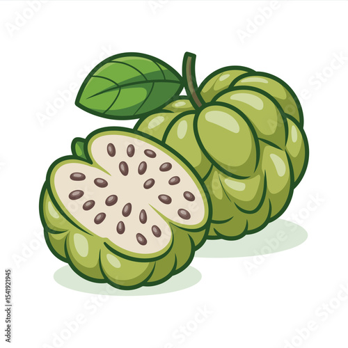 Fresh cherimoya fruit with leaf illustration