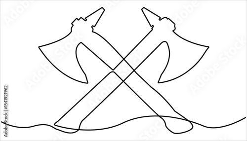 Continuous one line drawing of axe design. Line art of an axe symbol. Vector illustration. One line drawing illustration of axe. Single line of lumberjack concept.
