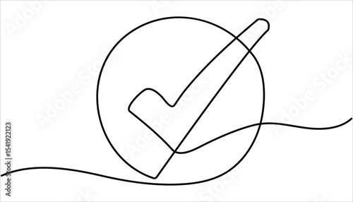 Continuous line drawing of check mark. Continuous line is creating the shape of a check mark. Tick one line icon. One line drawing background.
