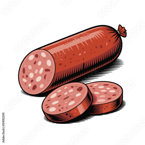 Whole smoked sausage with slices isolated