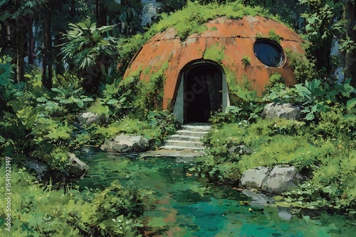Post apocalyptic Earth biosphere shelter rusted exterior hiding vibrant life inside lush overgrowth and streams fed by purification tanks