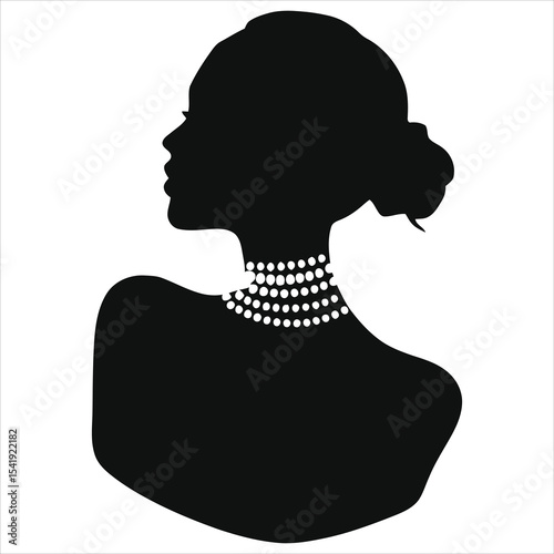 (chokers Necklaces)Vector Silhouette of a Woman with Pearl Necklace/A sophisticated profile view of a woman in silhouette, showcasing a stylish pearl necklace.