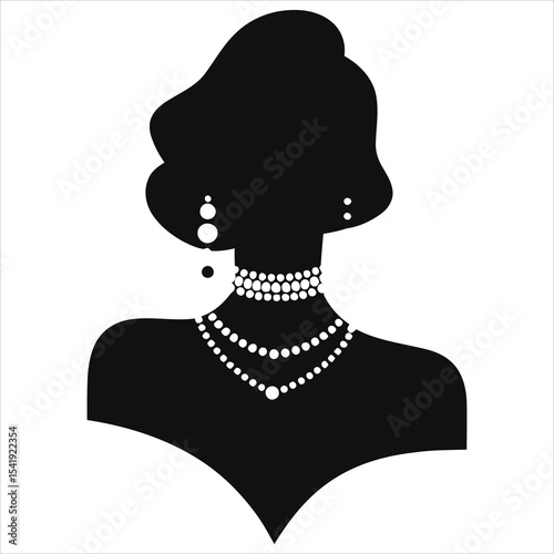 ( chokers Necklaces) Vector Silhouette of a Woman Wearing Exquisite Pearls/A sophisticated black and white silhouette of a woman, likely from the mid-20th century, adorned with multiple pearl necklace