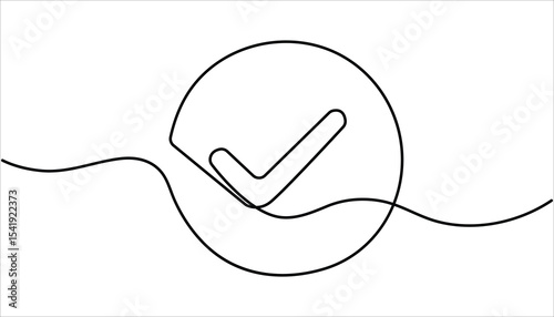 Continuous line drawing of check mark. Continuous line is creating the shape of a check mark. Tick one line icon. One line drawing background.
