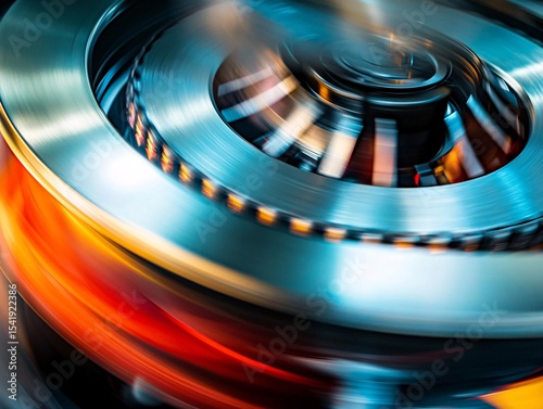 High-speed close-up of a rotating flywheel in industrial environment for mechanical engineering insights