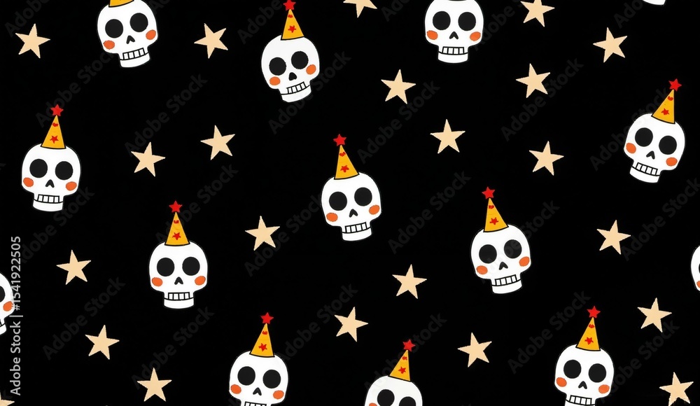 Naklejka premium Festive Skulls with Party Hats on a Black Background with Stars