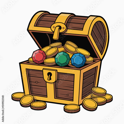 Open wooden treasure chest with gold coins and jewels