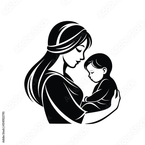Loving mother holding child black silhouette vector, perfect for family love themes, parenting illustrations, Mother's Day cards, emotional graphics, and maternal affection artwork