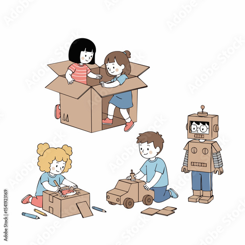 Playful Handdrawn Children Playing with Cardboard Box and Toy Illustration