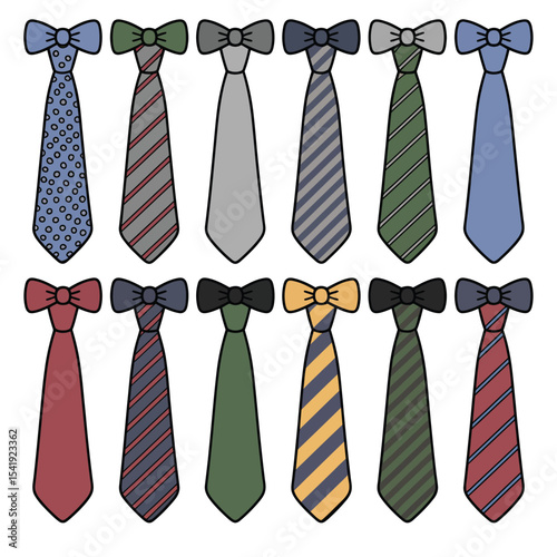 Twelve neckties with different patterns and colors