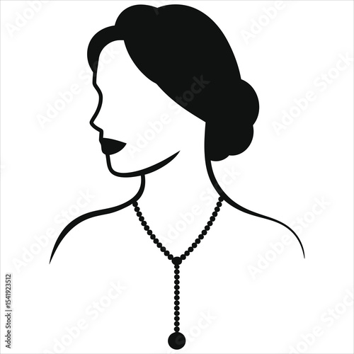 (Lariat Necklace)Vector Silhouette  of a Woman in Vintage Style with a Pearl Necklace/A stylish black and white silhouette of a woman in profile view, highlighting her elegant posture and a statement 