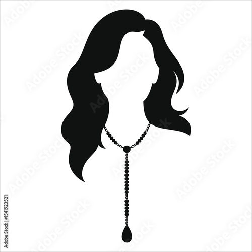 (Lariat Necklace) Elegant Woman Vector Silhouette with Beaded Necklace/A simple, stylish silhouette of a woman with long, wavy hair and a delicate beaded necklace.