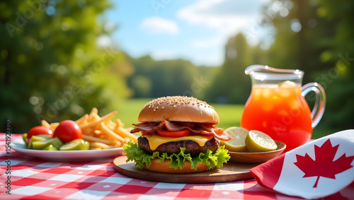 Canadian Picnic: Juicy Burger & Sunny Day .Generated with AI