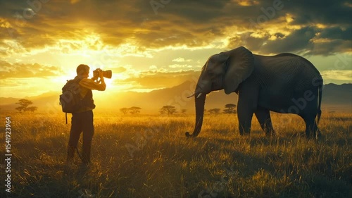 Photographer captures majestic elephant at sunset in African savanna