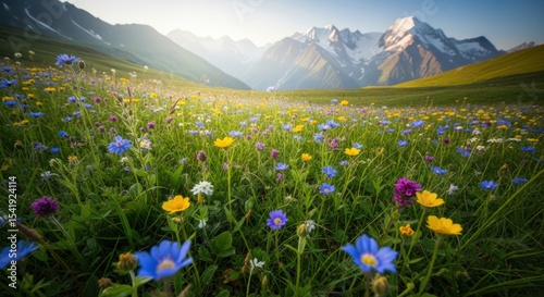 A vibrant meadow filled with wildflowers against a backdrop of snow capped mountains and clear blue sky