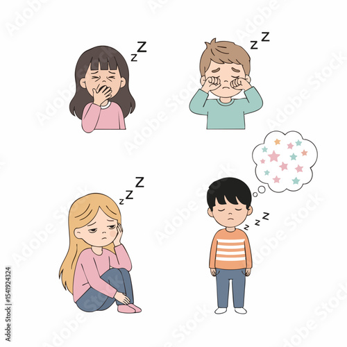 Cute Handdrawn Diverse Children Sleeping and Dreaming Illustration Set