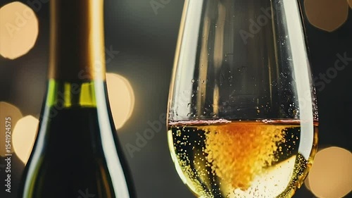 Sparkling wine in a glass beside a bottle