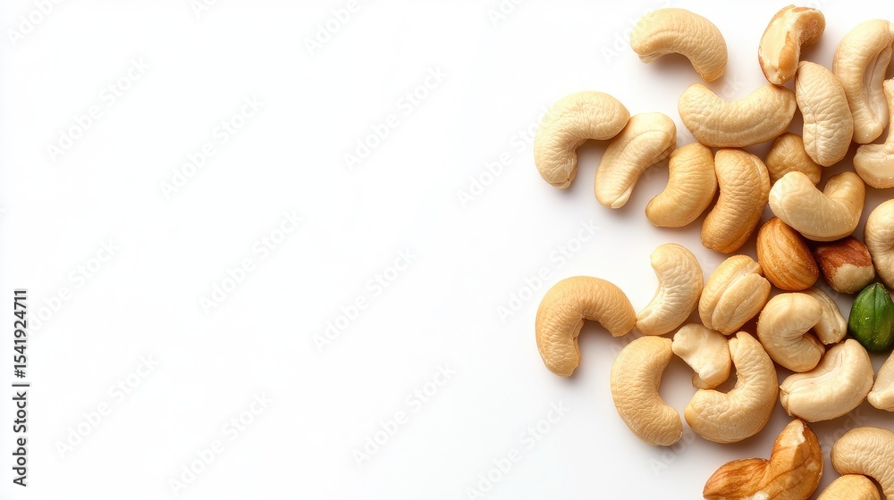Fototapeta premium Cashews scattered on a white background