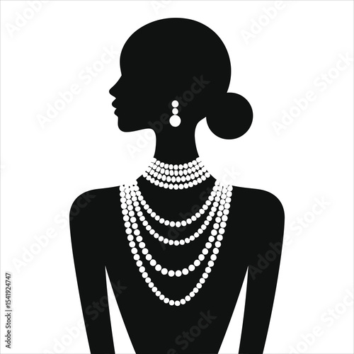 (layered Necklaces)Vector Silhouette of a Woman Wearing a Pearl Necklace and Earrings/A sophisticated silhouette of a woman, viewed from the side, showcasing a layered pearl necklace and  earrings