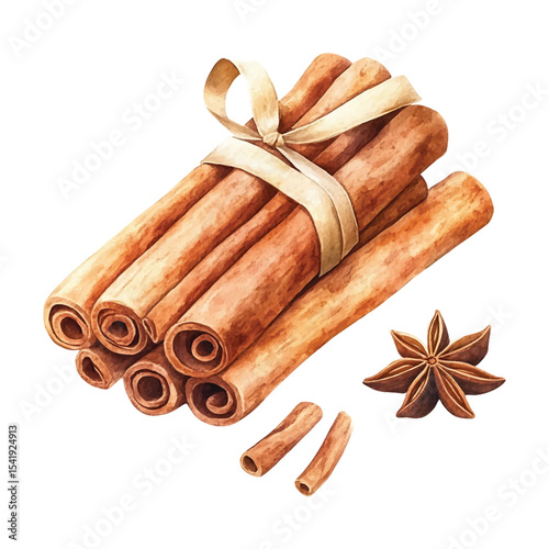 Watercolor cinnamon sticks bundle with anise star on transparent background