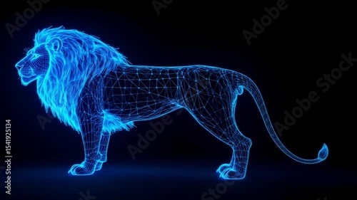 A digital illustration of a lion, rendered as a wireframe with glowing blue lines