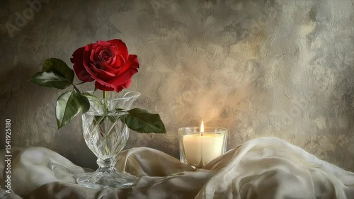 Single red rose in glass vase, lit candle on silk
