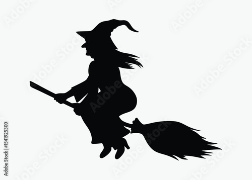 Flying witch silhouette, broomstick vector icon, vector witch flying on a broomstick on white background