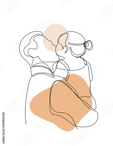 Continuous One Line Art Drawing. Happy young father with little daughter. Daddy and daughter in continuous line art. Vector Illustration