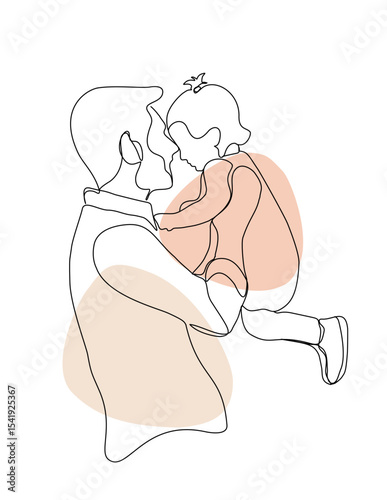 Continuous One Line Art Drawing. Happy young father with little daughter. Daddy and daughter in continuous line art. Vector Illustration