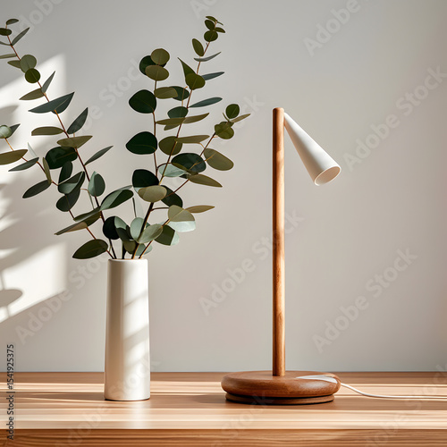 Minimalist wooden desk lamp with off white shade beside a white ceramic vase filled with fresh eucalyptus branches on light wood surface
