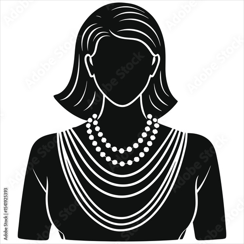 ( layered Necklaces)Elegant woman vector silhouette with layered pearl necklace/A stylized, black and white silhouette of a woman wearing multiple strands of pearls.