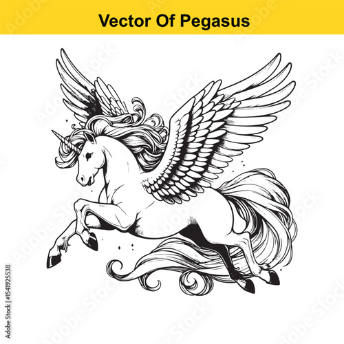 Black and White Line Art of a Majestic Pegasus with Wings for Easy Tracing