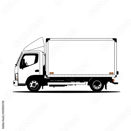 Delivery truck side view, black and white minimalist design, for logistics or transport advertisements