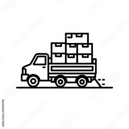Delivery truck carries boxes, in line drawing style, for shipping industry concepts