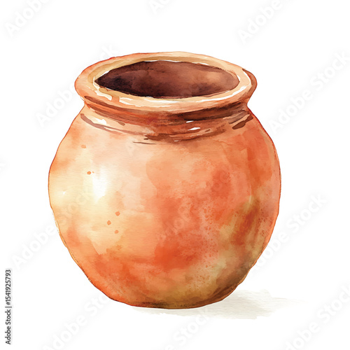 Watercolor illustration of an old rustic clay pot on transparent background