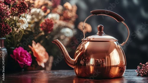 Polished copper kettle sits on wood, flowers in background