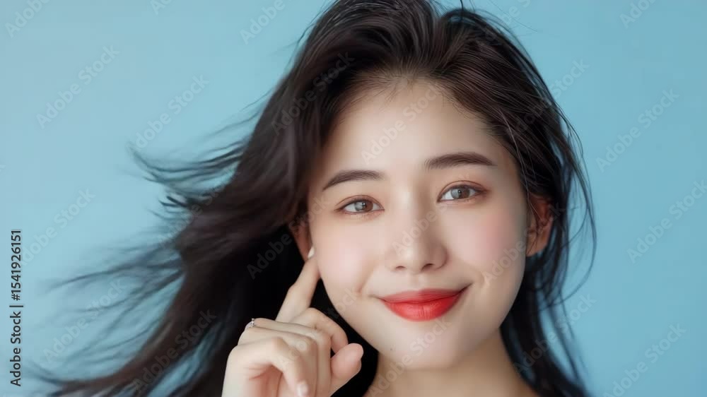 A portrait of a young woman smiling at the camera, wearing red lipstick and a casual outfit against a blue background. A portrait of a young woman smiling at the camera, wearing red lipstick and a casual outfit against a blue background.