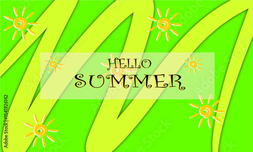 The "Hello Summer" greeting background with cheerful elements such as the sun, ice cream, and bright colors, brings a warm, fun and energetic feel typical of summer holidays.