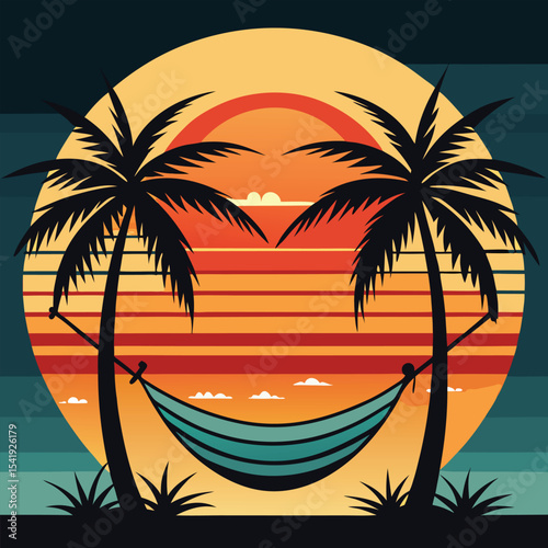 Tropical sunset scene featuring palm trees a hammock and relaxation in a retro style