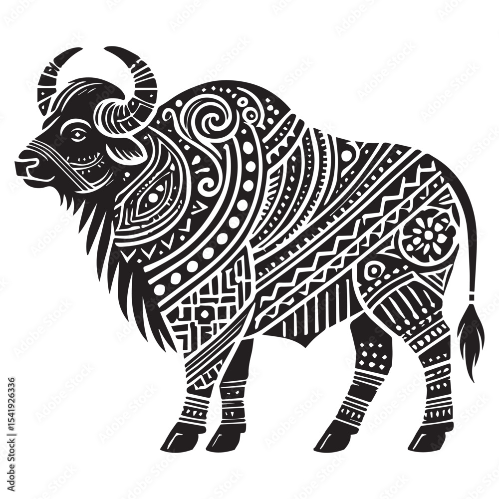 Fototapeta premium Buffalo tribal asian animal clipart, tribal jungle animal vector, tribal animal Silhouette illustration graphic, tribal animal tattoo lover design sublimation 