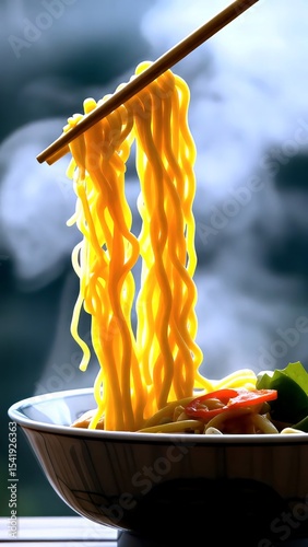 Wooden chopsticks grabbing steaming ramen, lifting springy noodles with colorful vegetables in close up perspective