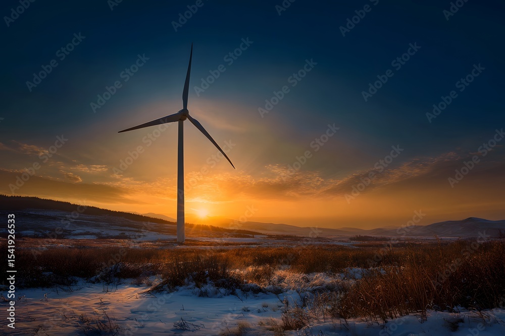 Obraz premium Solitary wind turbine at sunset in a snowy landscape